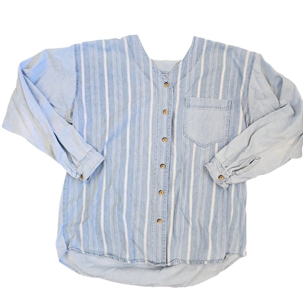 Vintage 90s Womens Large Light Blue Chambray Striped Button Up Shirt Oversized